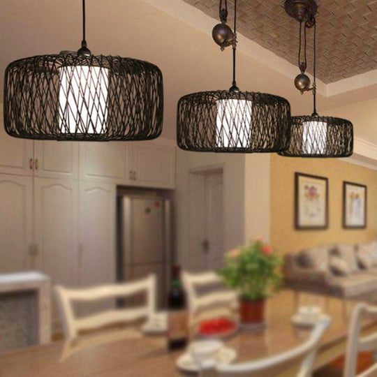 1-Light Restaurant Hanging Bamboo Drum Pendant Lamp, 16"/23.5" Wide, Black Shade Fixture