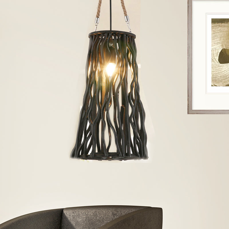 Rustic Pendant Ceiling Light - Barrel/Cone/Globe Design Wood Finish 1 Bulb Black Perfect For Dining