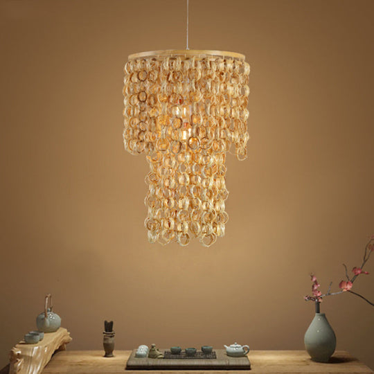 Chinese Tassel Bamboo Drop Pendant Hanging Lamp - Single Light Beige 16/19.5 Wide Dining Room