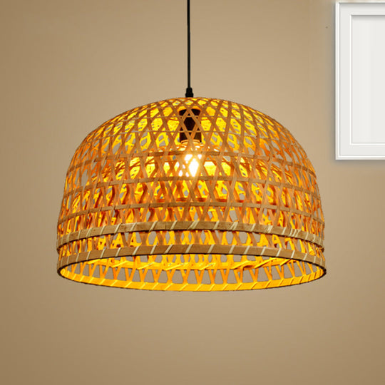 Modern Style Bamboo Pendant Lamp With Brown Wood Dome Shade - 13/21 Dia Ideal For Restaurants