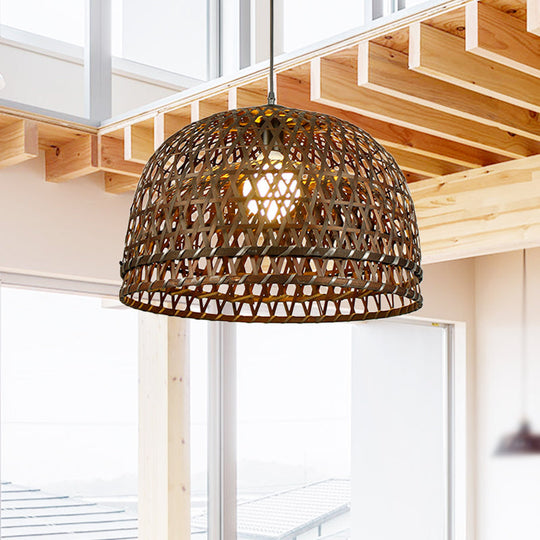 Modern Style Bamboo Pendant Lamp With Brown Wood Dome Shade - 13/21 Dia Ideal For Restaurants