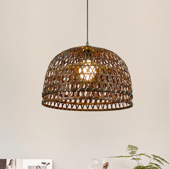 Modern Style Bamboo Pendant Lamp With Brown Wood Dome Shade - 13/21 Dia Ideal For Restaurants