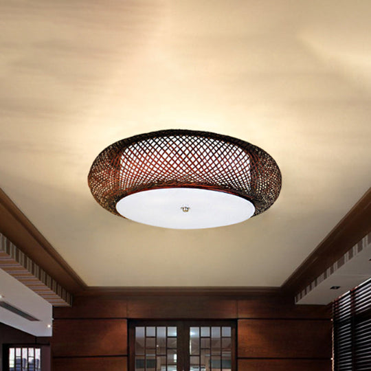 Hand-Crafted Bamboo Suspension Light For Dining: Brown/Wood Finish With Asian-Inspired Drum Shade