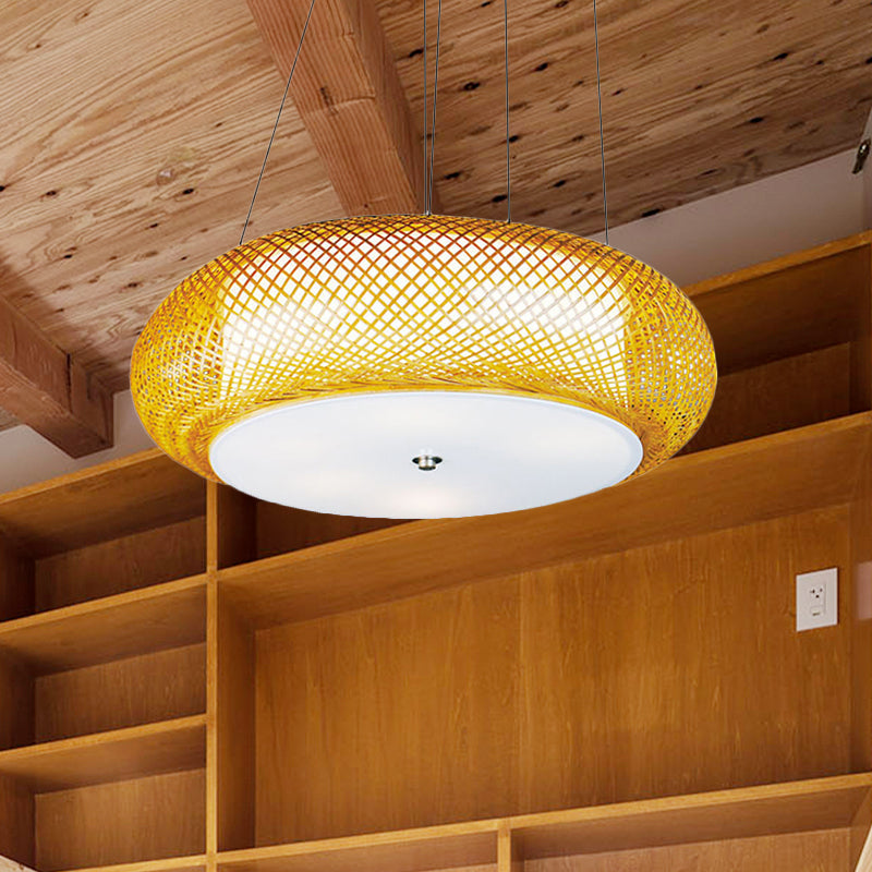 Hand-Crafted Bamboo Suspension Light For Dining: Brown/Wood Finish With Asian-Inspired Drum Shade