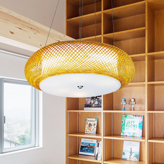 Hand-Crafted Bamboo Suspension Light For Dining: Brown/Wood Finish With Asian-Inspired Drum Shade