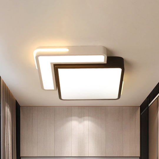 Modern Black And White Led Flush Light Fixture With Acrylic Shade - Square/Rectangle Ceiling In