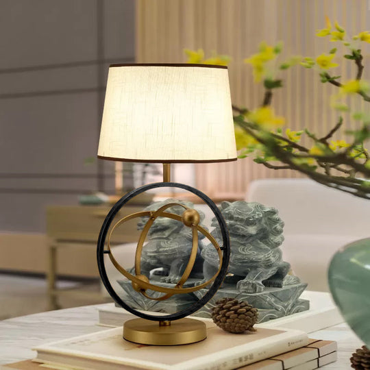 Contemporary Bronze Fabric Table Lamp - 1-Light Bedroom Night Light With Round Metal Base