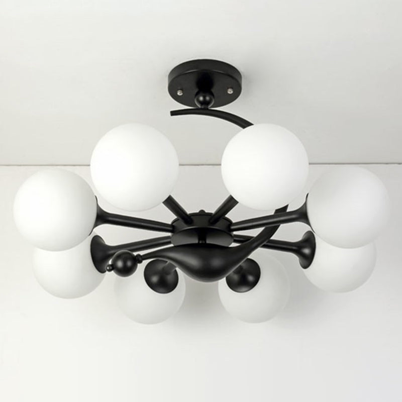 Modern Milk Glass Dining Room Ceiling Light - Spherical Semi Flush Mount Fixture 8 / Black