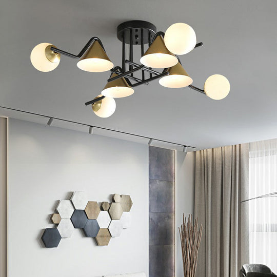 Minimalist Glass Semi Flush Ceiling Light - Cone and Ball Shaped, Black-Brass Finish