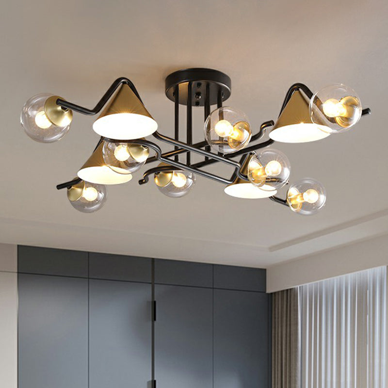 Minimalist Glass Semi Flush Ceiling Light - Cone And Ball Shaped Black-Brass Finish