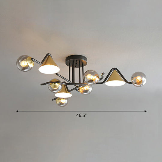 Minimalist Glass Semi Flush Ceiling Light - Cone and Ball Shaped, Black-Brass Finish