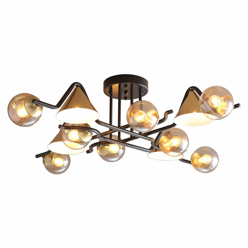 Minimalist Glass Semi Flush Ceiling Light - Cone and Ball Shaped, Black-Brass Finish