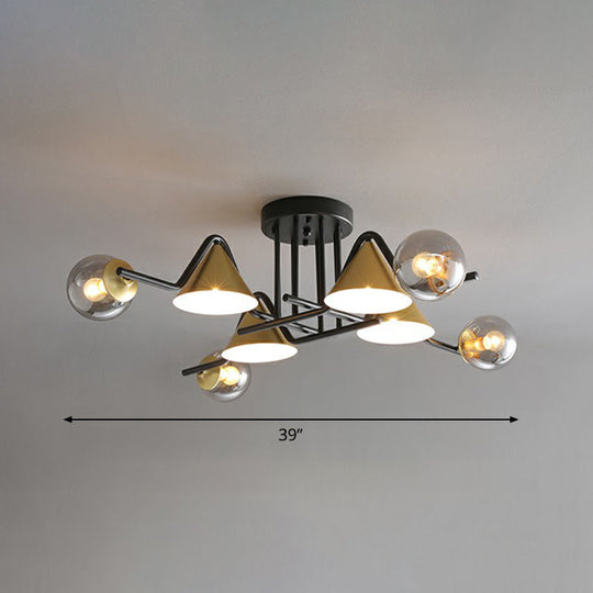 Minimalist Glass Semi Flush Ceiling Light - Cone And Ball Shaped Black-Brass Finish 8 / Smoke Gray