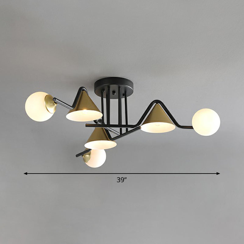 Minimalist Glass Semi Flush Ceiling Light - Cone and Ball Shaped, Black-Brass Finish