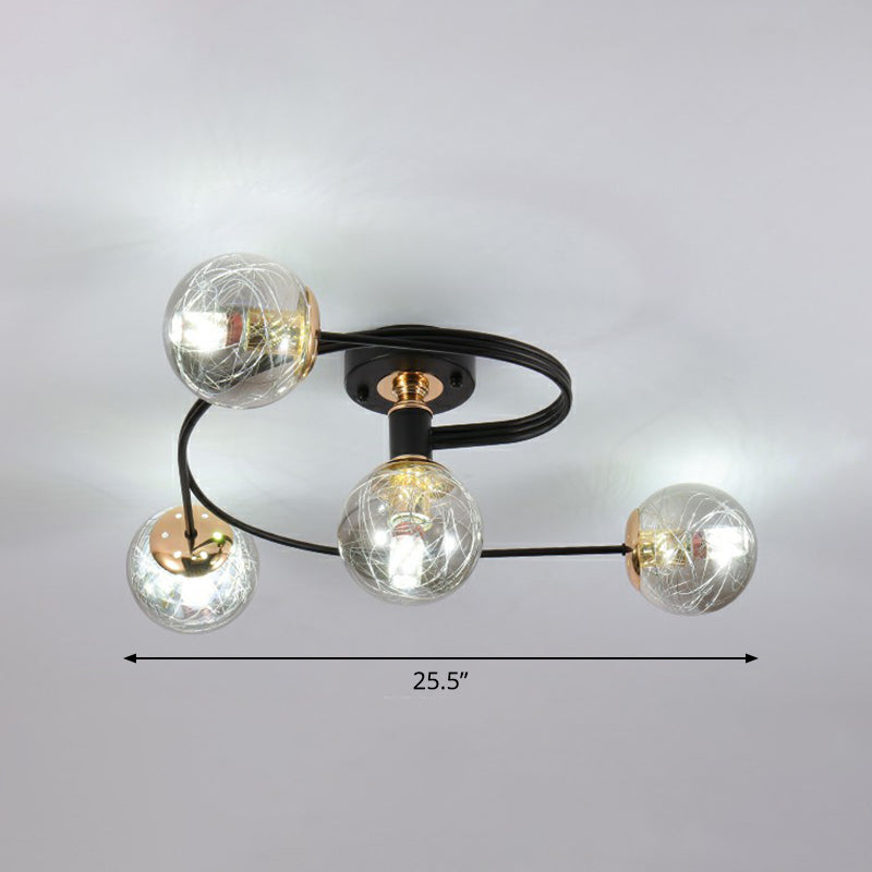 Black Glass Sphere Semi Flush Ceiling Mount Lamp with Elegant Spiral Design