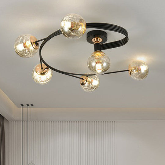 Black Glass Sphere Semi Flush Ceiling Mount Lamp with Elegant Spiral Design