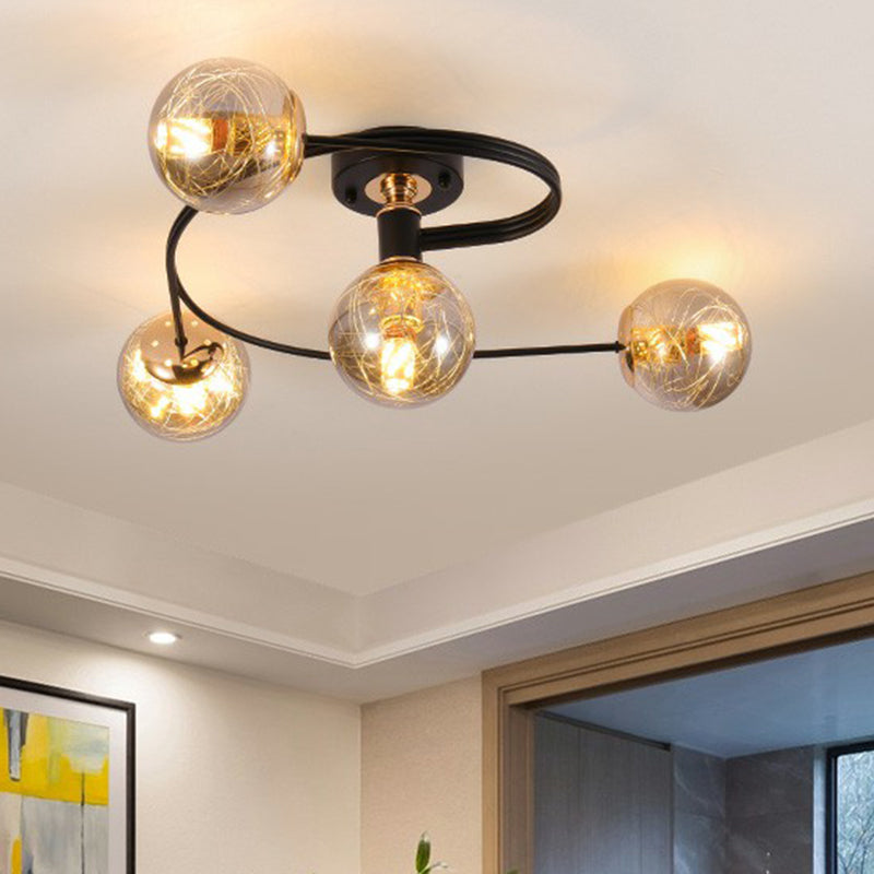 Black Glass Sphere Semi Flush Ceiling Mount Lamp with Elegant Spiral Design