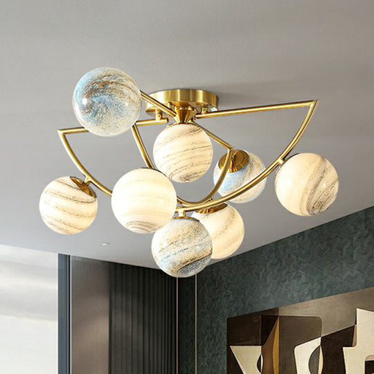 Cosmic Bedroom Glow: Gold Nordic Ombre Glass Semi-Flush Mount Chandelier with a Planet Design