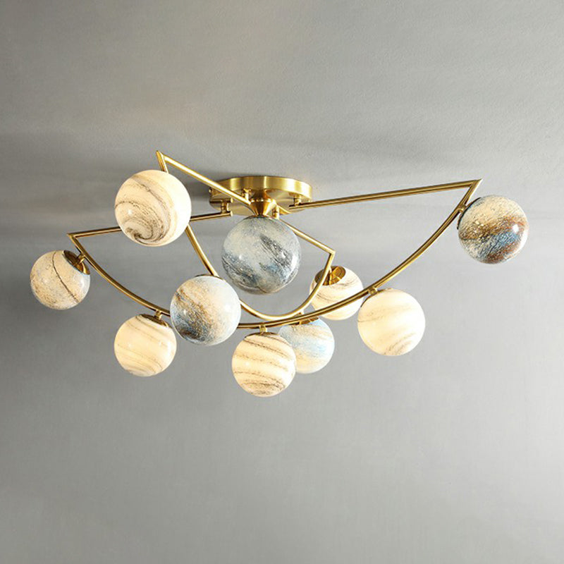 Cosmic Bedroom Glow: Gold Nordic Ombre Glass Semi-Flush Mount Chandelier With A Planet Design