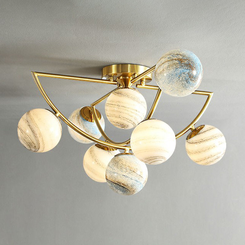 Cosmic Bedroom Glow: Gold Nordic Ombre Glass Semi-Flush Mount Chandelier with a Planet Design