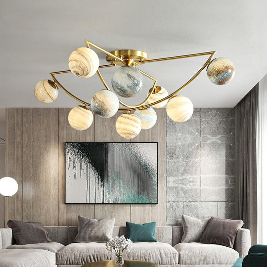 Cosmic Bedroom Glow: Gold Nordic Ombre Glass Semi-Flush Mount Chandelier with a Planet Design