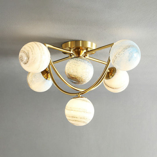 Cosmic Bedroom Glow: Gold Nordic Ombre Glass Semi-Flush Mount Chandelier With A Planet Design