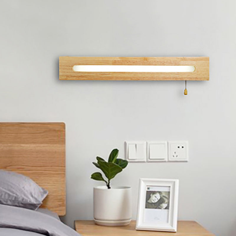 Modern Wooden Rectangle Vanity Lamp Beige Wall Sconce Light With Pull Chain And Diffuser - 18/21.5