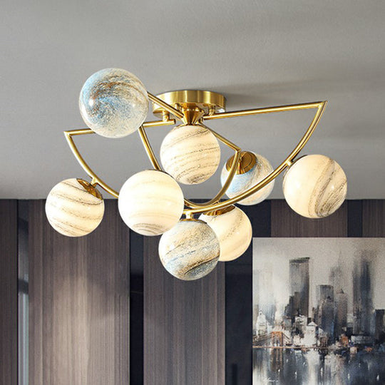 Cosmic Bedroom Glow: Gold Nordic Ombre Glass Semi-Flush Mount Chandelier with a Planet Design