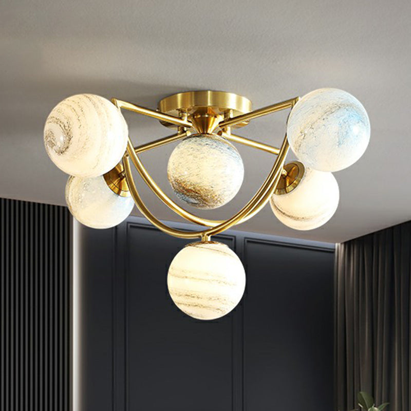 Cosmic Bedroom Glow: Gold Nordic Ombre Glass Semi-Flush Mount Chandelier with a Planet Design