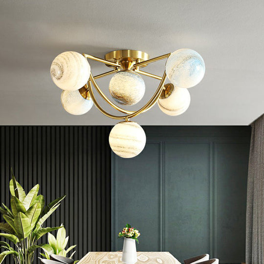 Cosmic Bedroom Glow: Gold Nordic Ombre Glass Semi-Flush Mount Chandelier with a Planet Design