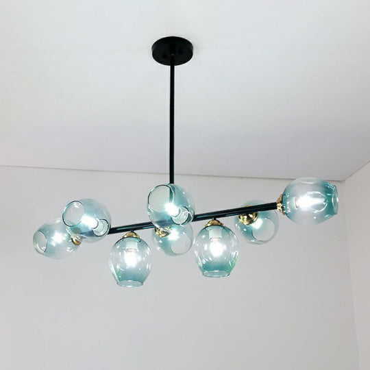 Dimpled Glass Linear Ceiling Light: 8-Bulb Minimalist Pendant For Dining Room & Island Blue