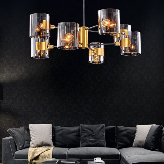 Minimalistic Smoke Grey Glass Cylinder Chandelier With Black-Brass Ceiling Pendant Light For Dining