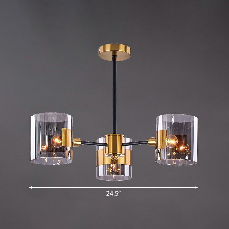 Minimalistic Smoke Grey Glass Cylinder Chandelier With Black-Brass Ceiling Pendant Light For Dining