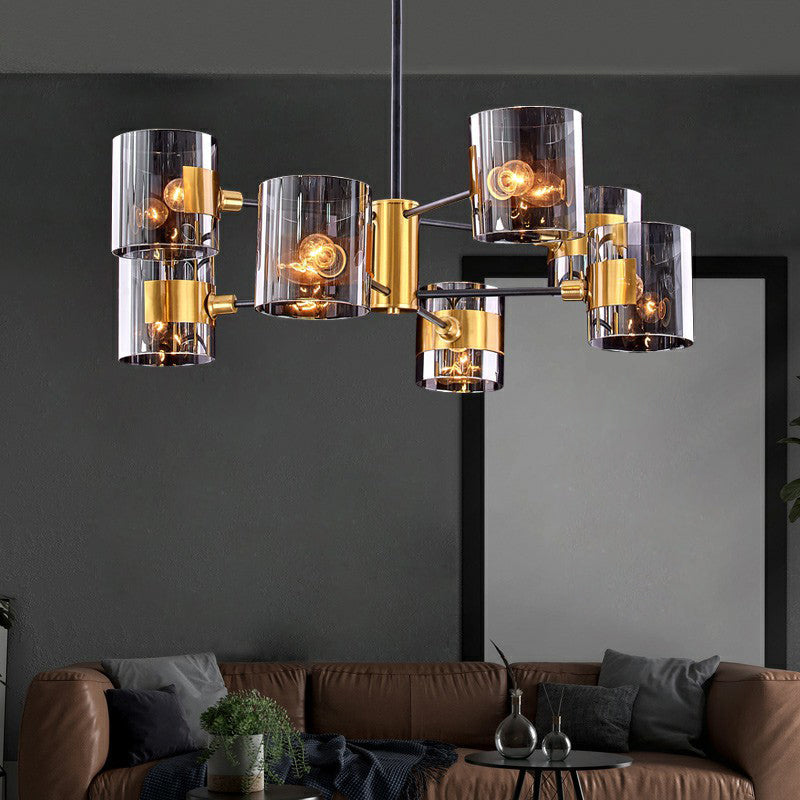 Minimalistic Smoke Grey Glass Cylinder Chandelier With Black-Brass Ceiling Pendant Light For Dining