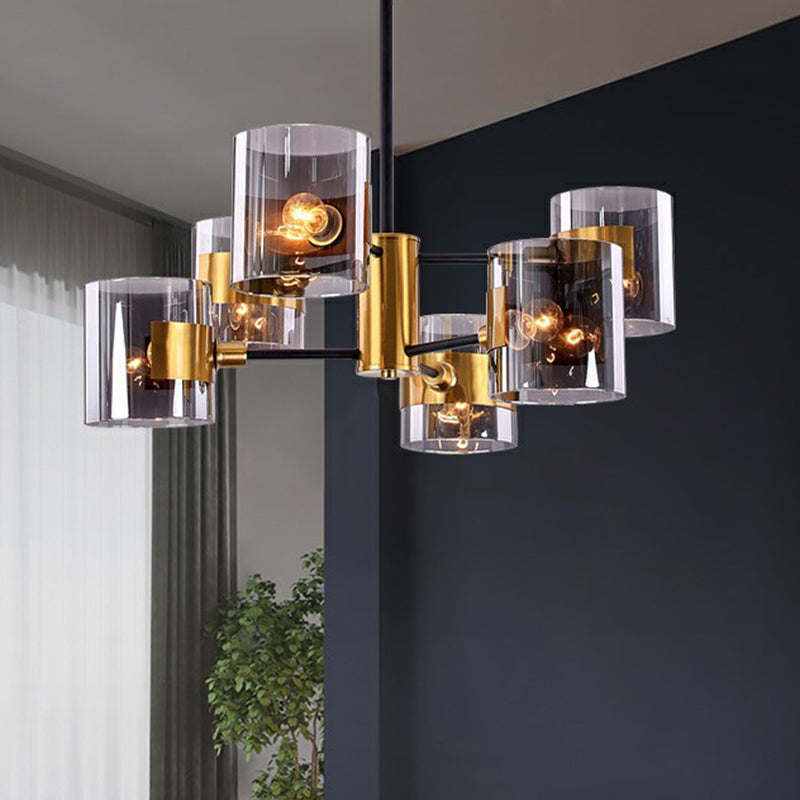 Minimalistic Smoke Grey Glass Cylinder Chandelier With Black-Brass Ceiling Pendant Light For Dining