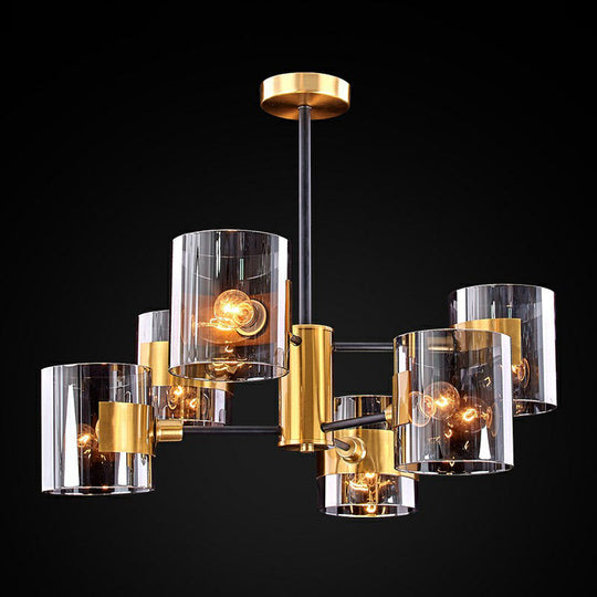 Minimalistic Smoke Grey Glass Cylinder Chandelier With Black-Brass Ceiling Pendant Light For Dining