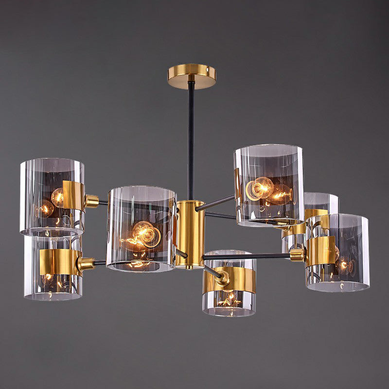 Minimalistic Smoke Grey Glass Cylinder Chandelier: Black-Brass Ceiling Pendant Light for Dining Room