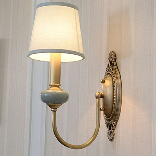 Traditional Brass Swoop Arm Living Room Sconce Light With Tapered Fabric Shade