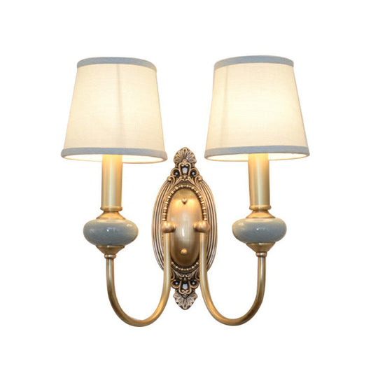 Traditional Brass Swoop Arm Living Room Sconce Light With Tapered Fabric Shade 2 /