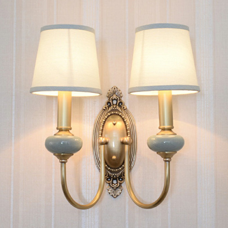 Traditional Brass Swoop Arm Living Room Sconce Light With Tapered Fabric Shade