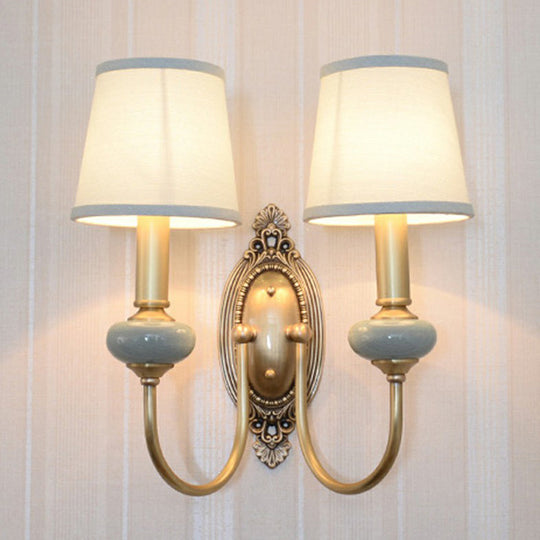 Traditional Brass Swoop Arm Living Room Sconce Light With Tapered Fabric Shade