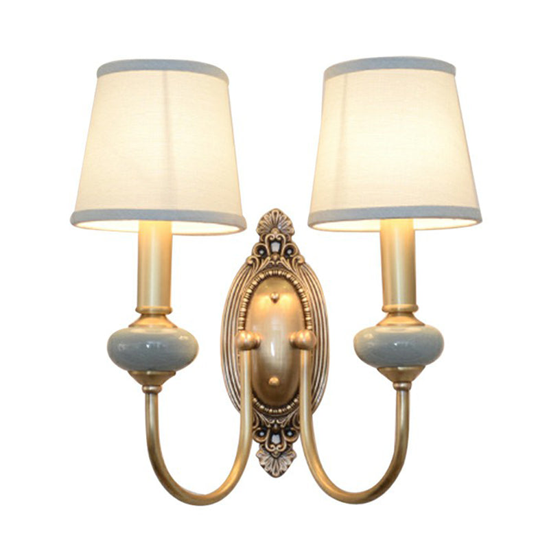 Traditional Brass Swoop Arm Living Room Sconce Light With Tapered Fabric Shade