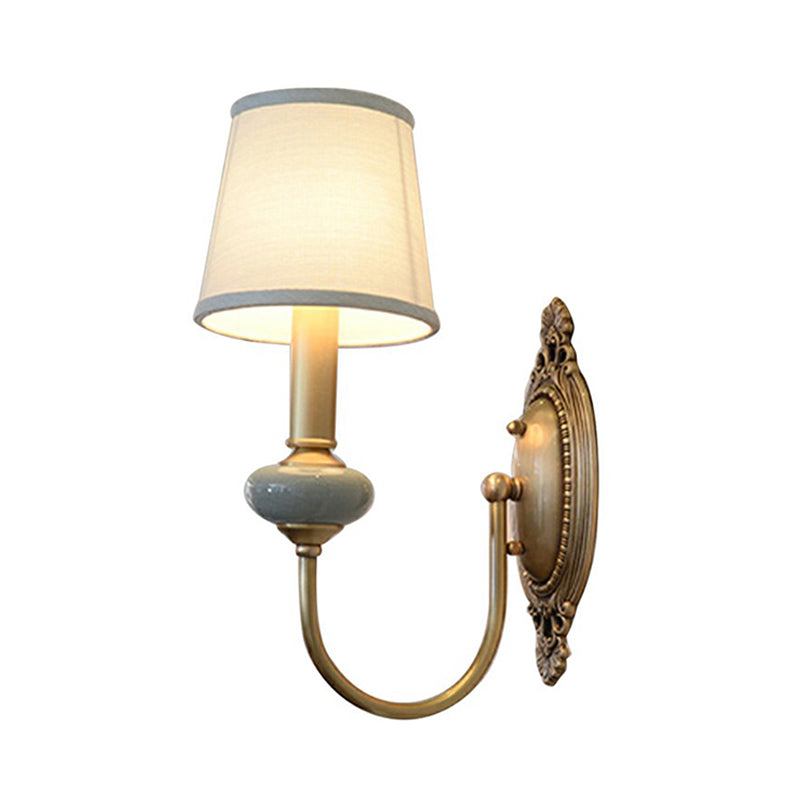 Traditional Brass Swoop Arm Living Room Sconce Light With Tapered Fabric Shade