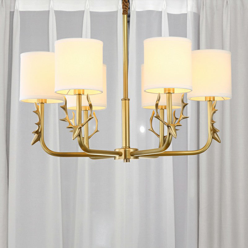 Minimalistic Metal Deer Chandelier With Brass Finish Cylinder Fabric Shade 6 /