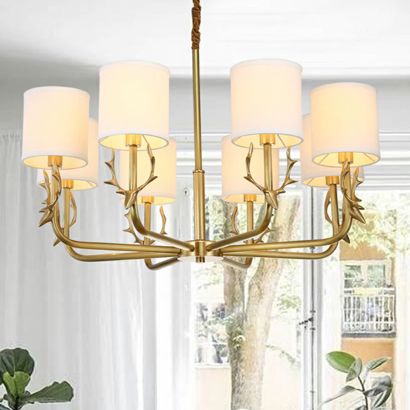 Minimalist Brass Deer Chandelier with Fabric Shade - Elegant Metal Hanging Lamp