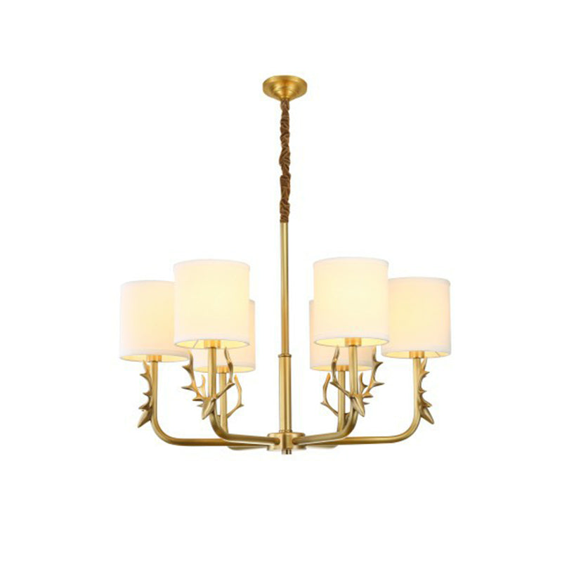 Minimalistic Metal Deer Chandelier With Brass Finish Cylinder Fabric Shade