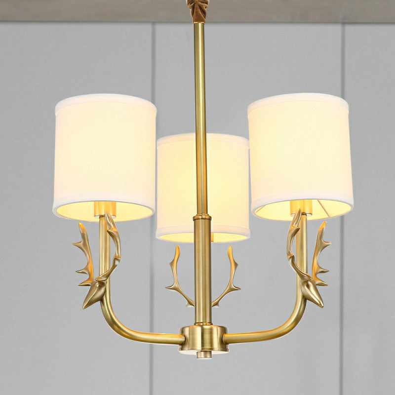 Minimalistic Metal Deer Chandelier With Brass Finish Cylinder Fabric Shade 3 /