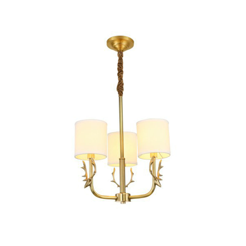 Minimalist Brass Deer Chandelier with Fabric Shade - Elegant Metal Hanging Lamp