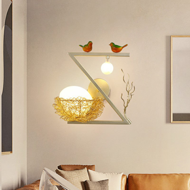 Aluminum Bird Den Wall Sconce Art Decor With 1-Light Gold Finish Oval White Glass Shade / Curved