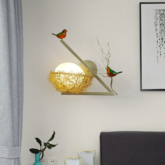 Aluminum Bird Den Wall Sconce Art Decor With 1-Light Gold Finish Oval White Glass Shade